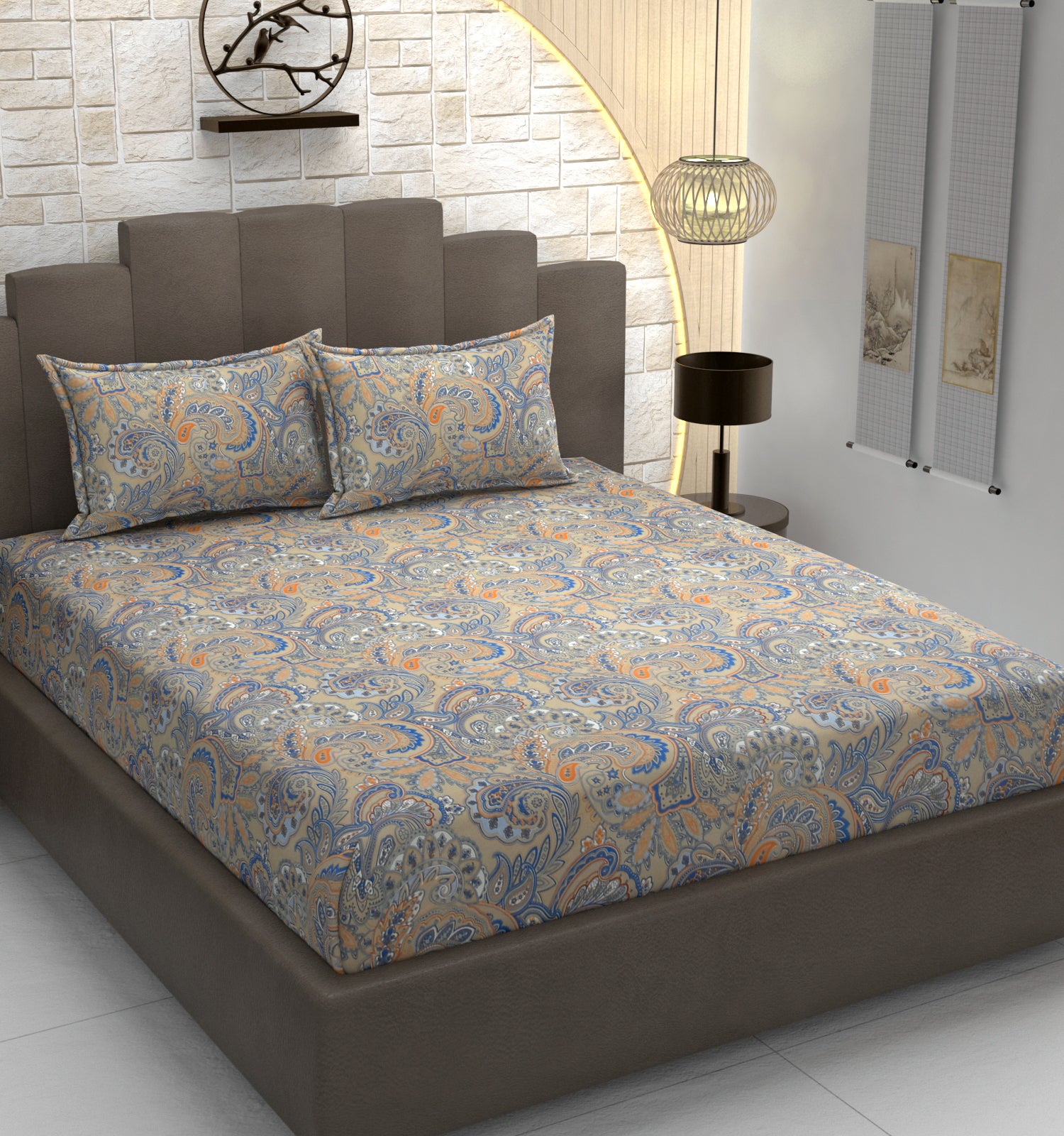 Vintage Royale Pattern, Breathable and Ultra-soft, Double Bed Bedsheet with 2 Pillow Cover