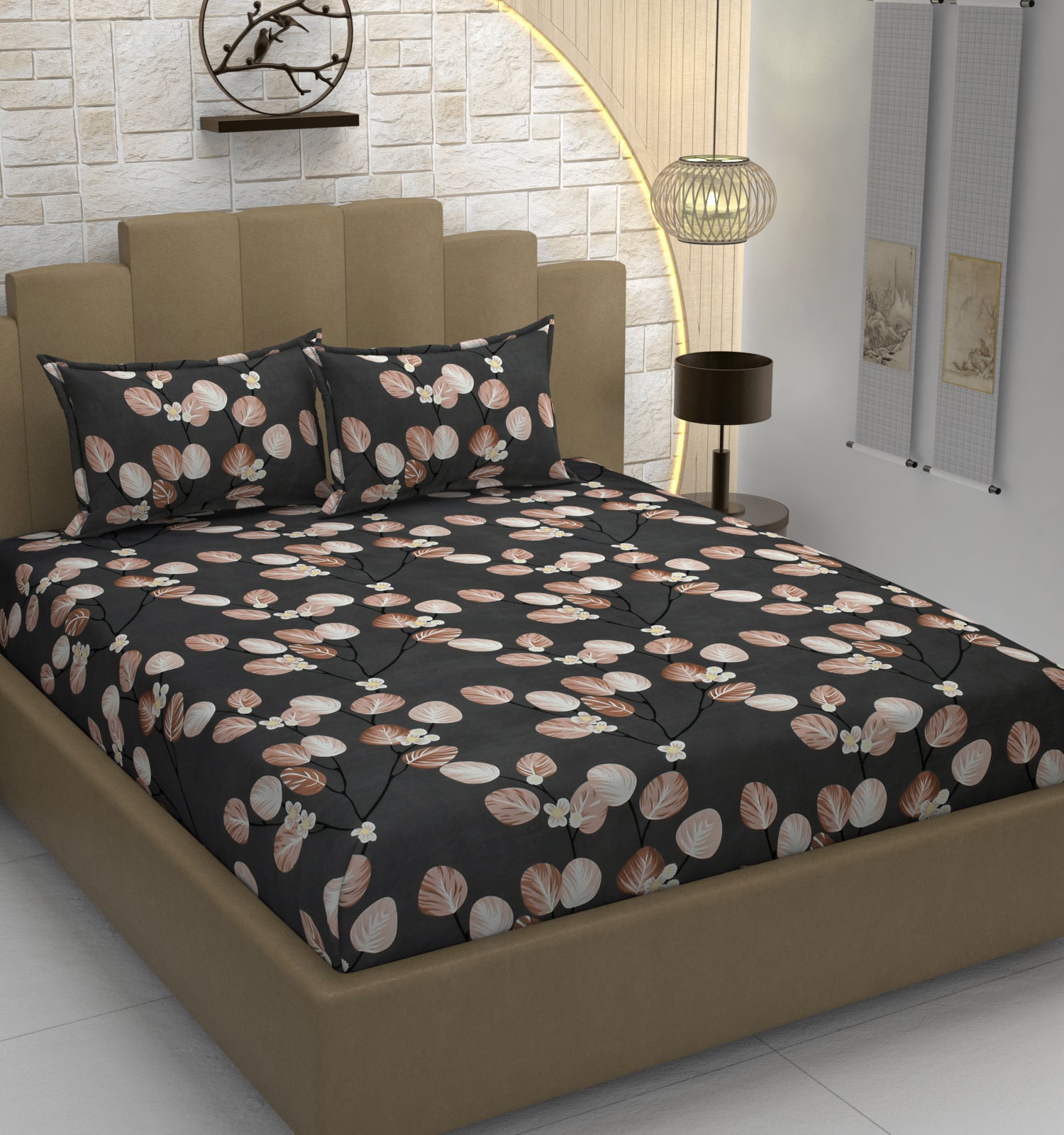 Botanical Blossom Pattern, Breathable and Ultra-soft, Double Bed Bedsheet with 2 Pillow Cover