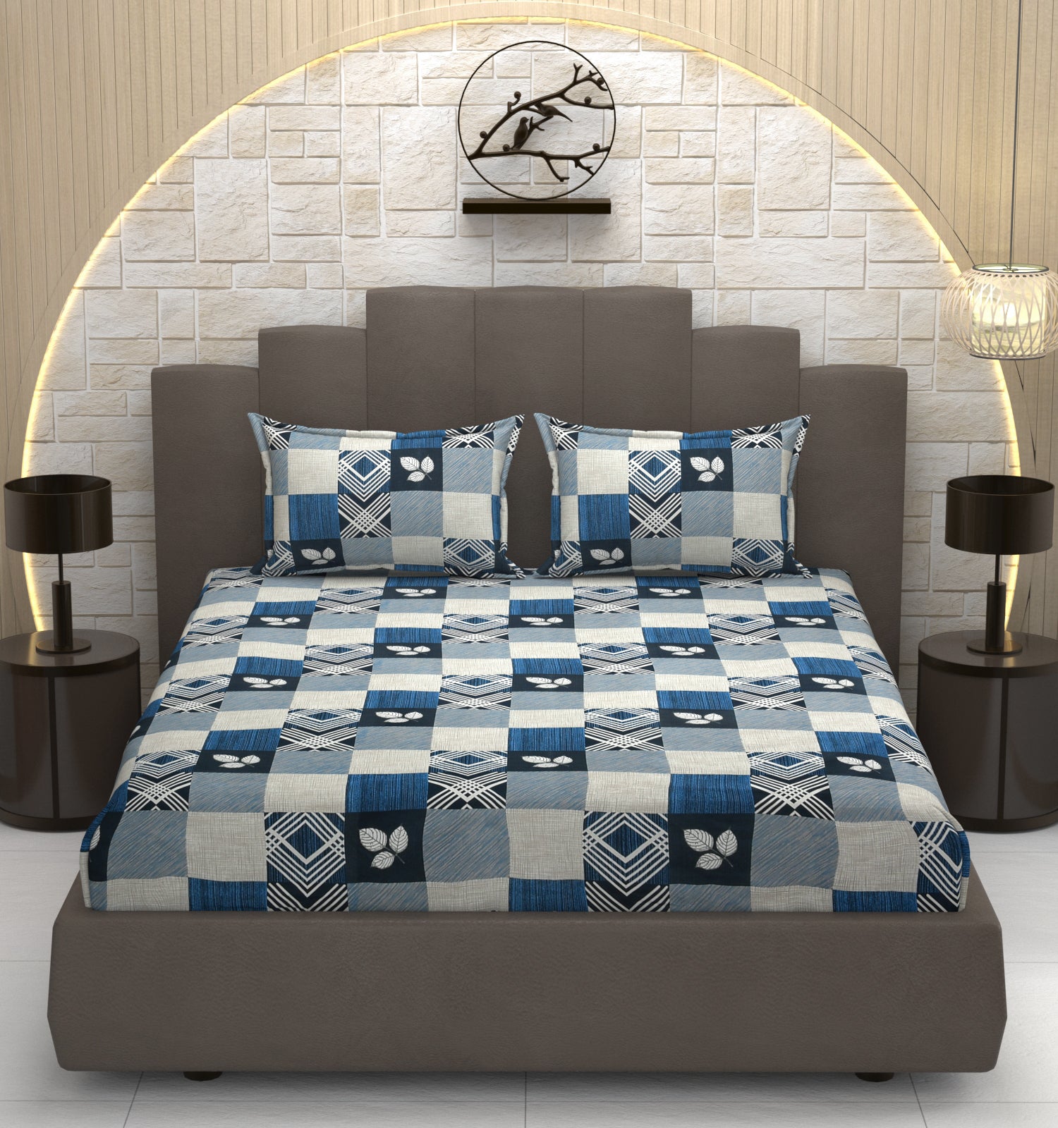Abstract Checkered, Breathable and Ultra-soft, Double Bed Bedsheet with 2 Pillow Cover