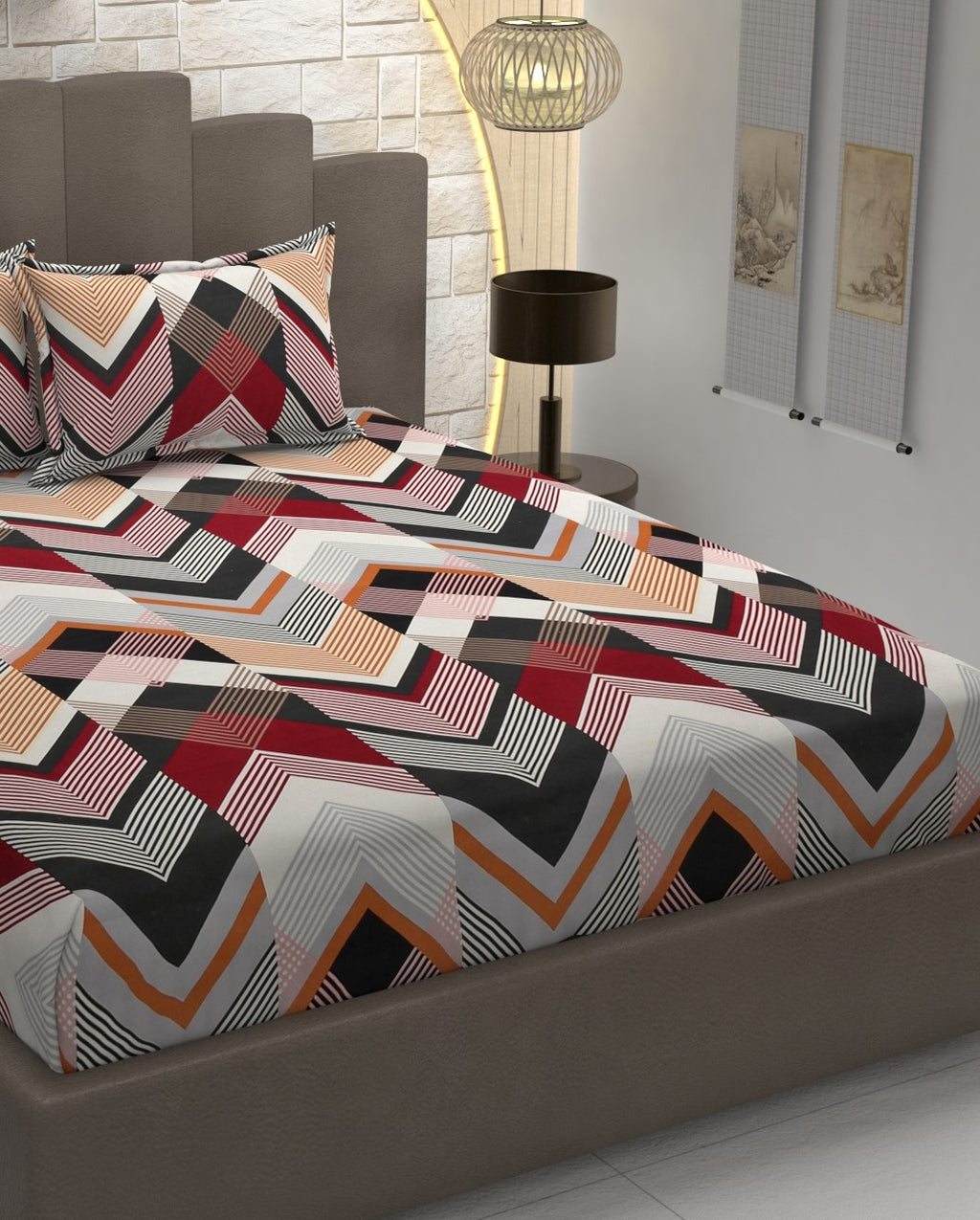 Modern Chevron Stripes, Breathable and Ultra-soft, Double Bed Bedsheet with 2 Pillow Cover