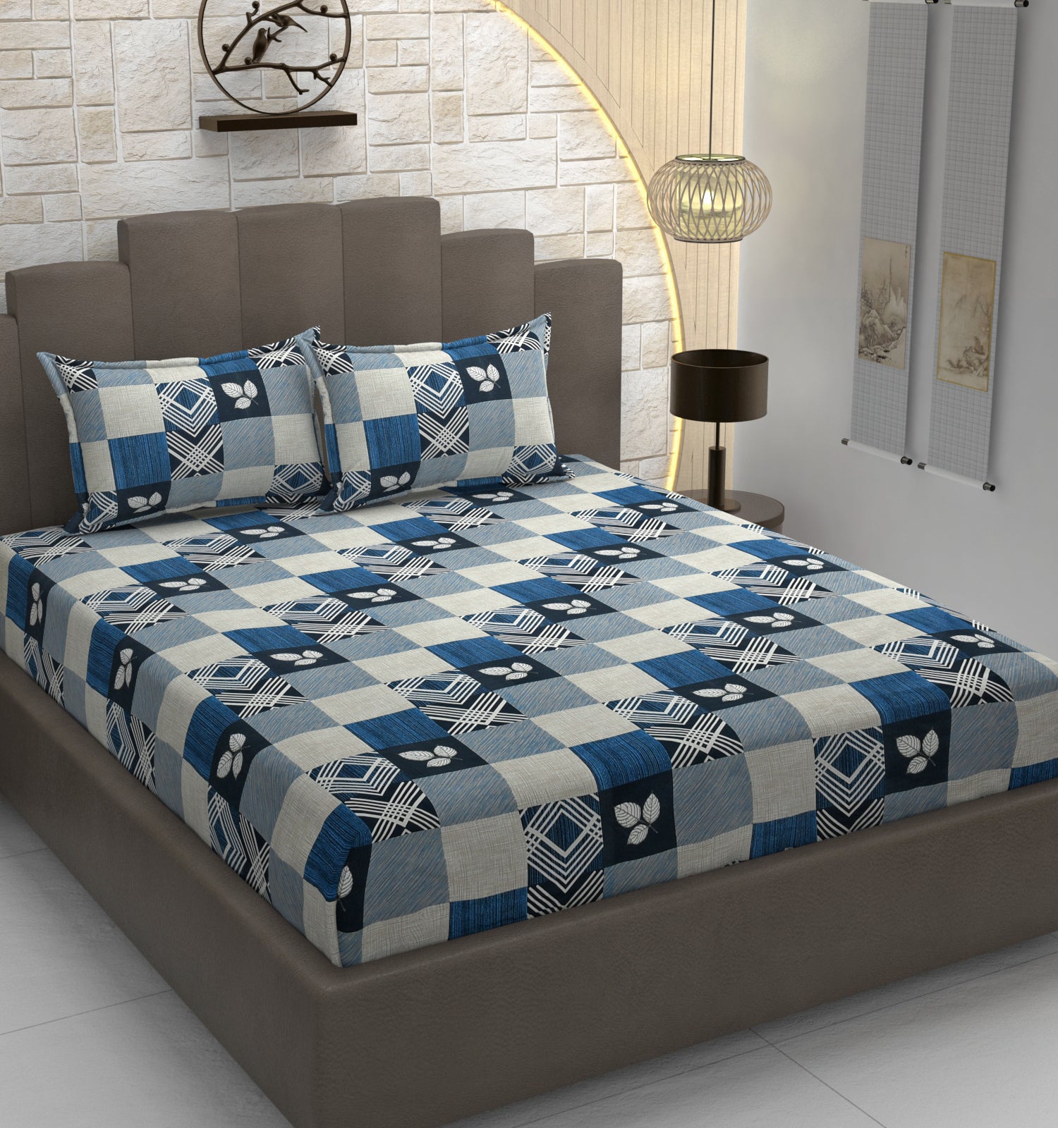 Abstract Checkered, Breathable and Ultra-soft, Double Bed Bedsheet with 2 Pillow Cover